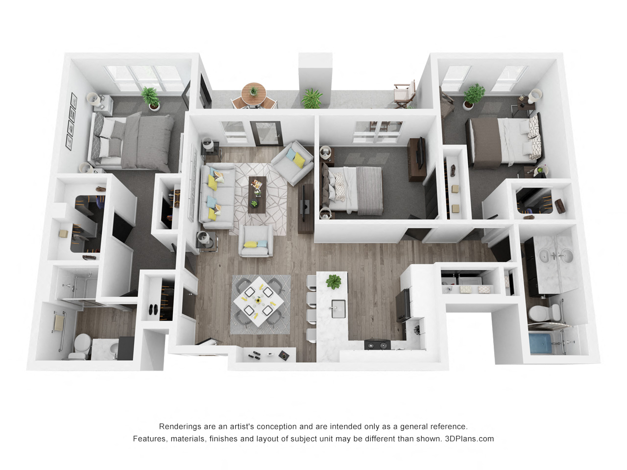 Floor plan for 3 beds, 2 baths, 1279 sqft
